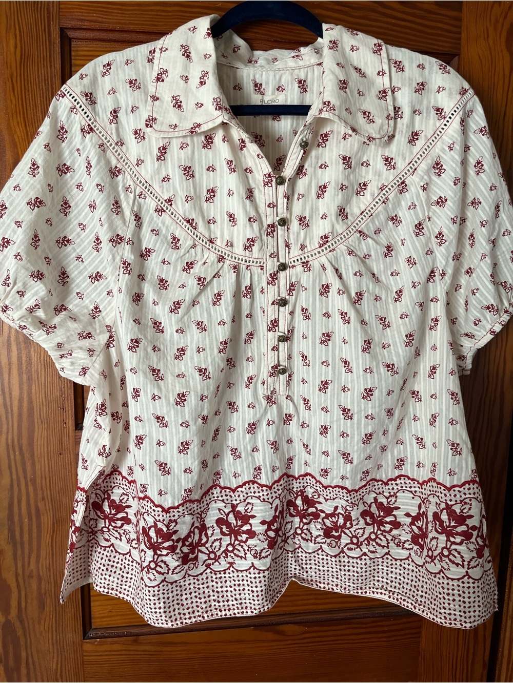 Anthropologie (Plicro) Cream Peasant Blouse with Burgundy Floral Print, XL